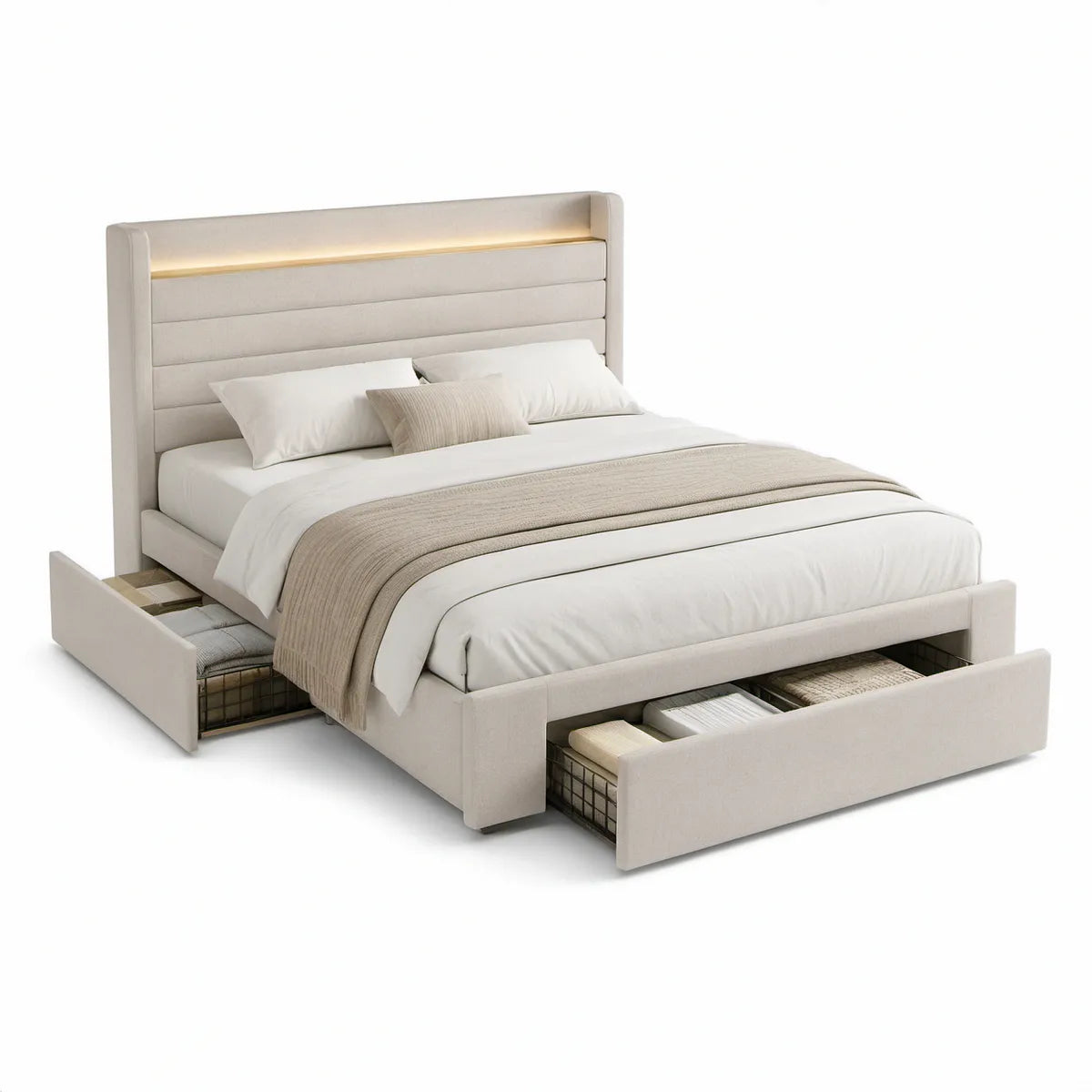 Stauraumbett 160 x 200 cm mit 2 Schubladen, LED-Kopfteil und Polyesterbezug Beige