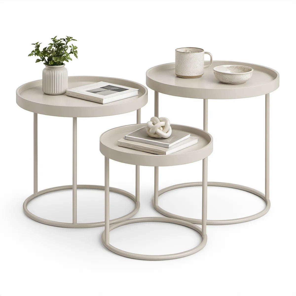 Couchtisch-Set, 3-teilig, rund, pulverbeschichteter Stahl, Beige, Ø 40/50/60 cm