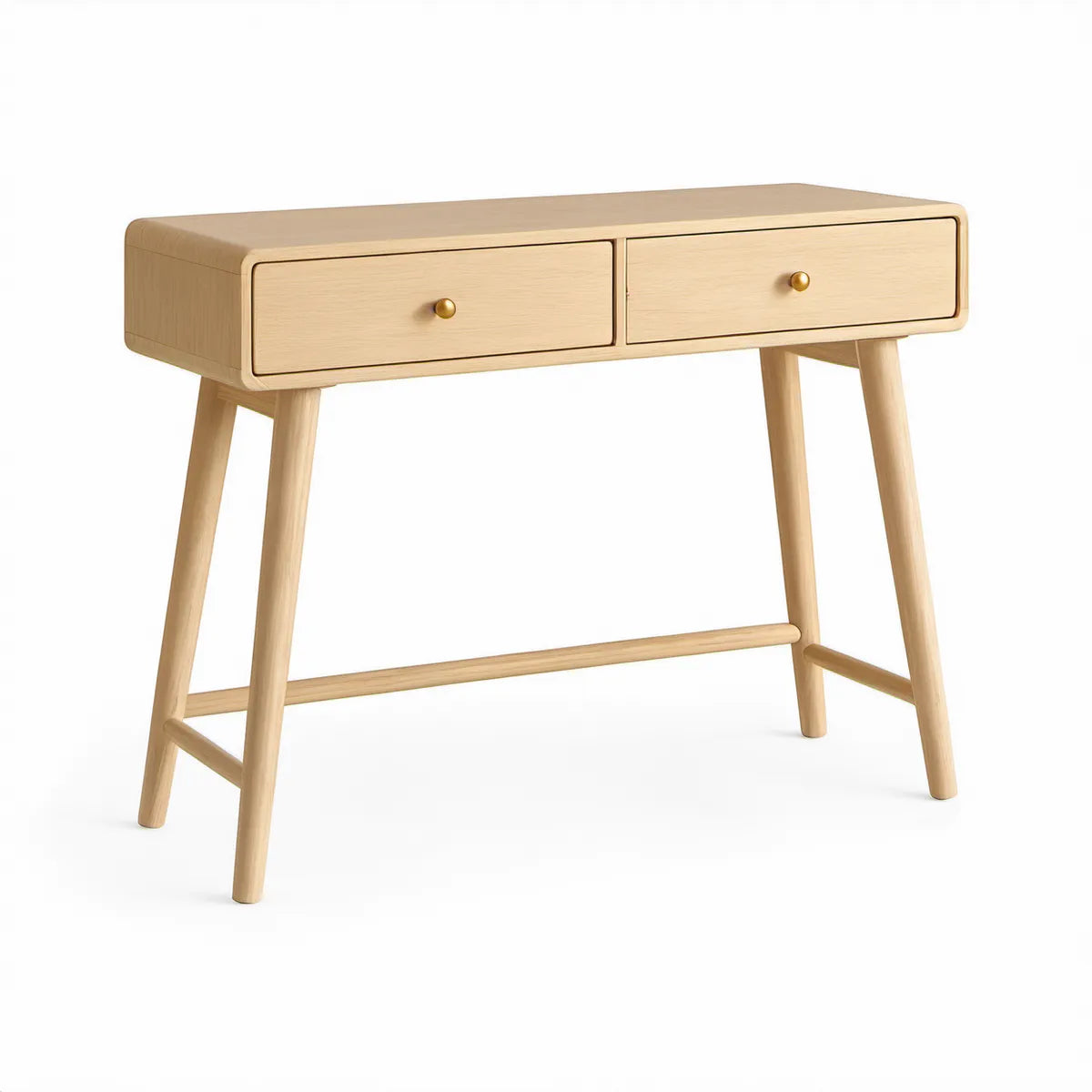 Konsolentisch aus massivem Gummibaumholz mit 2 Schubladen, 100 x 35 x 75 cm, Naturholz/Messingfarben