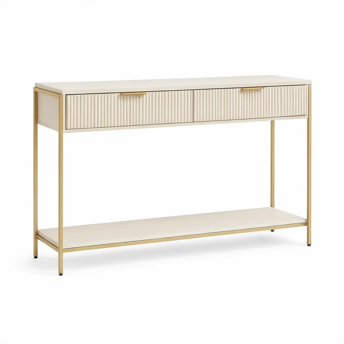 Konsolentisch mit 2 Schubladen und Ablage, 120 x 35 x 80 cm, Cremeweiss/Goldfarben