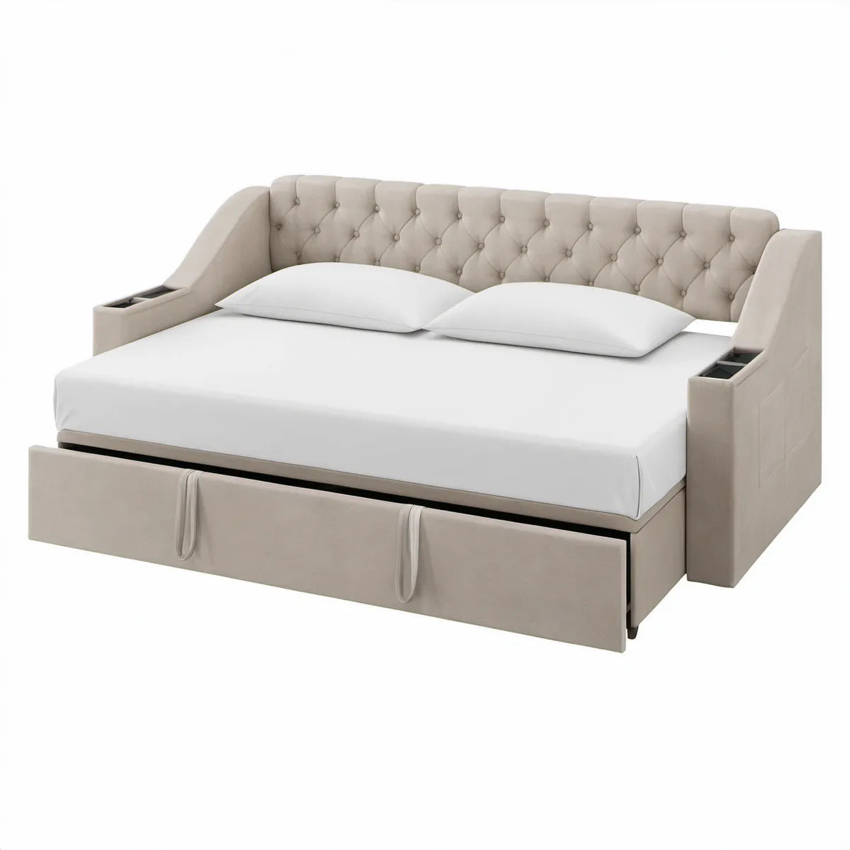 Ausziehbares Schlafsofa 180 x 200 cm mit Schubladen und Ablagefächern Beige