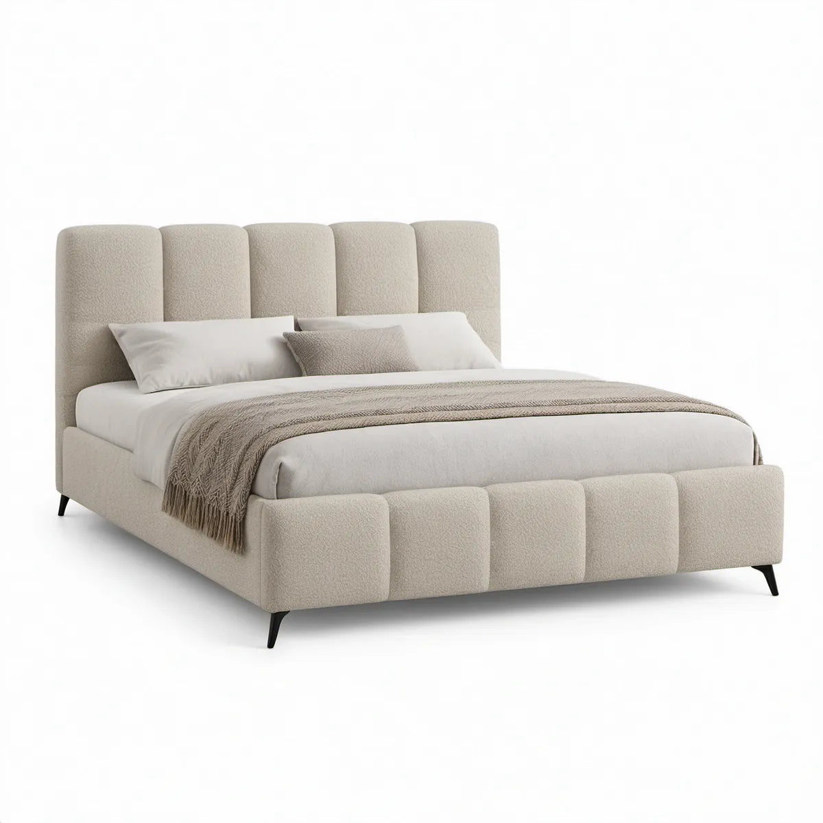 Stauraumbett 180 x 200 cm mit Bouclé-Bezug in Beige und schwarzen Stahlfüssen