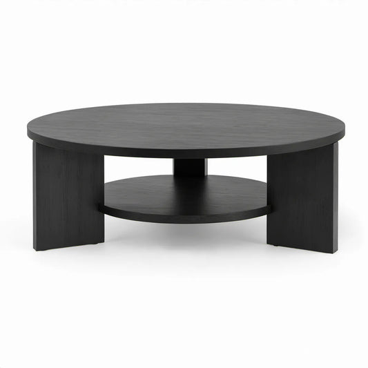 Runder Couchtisch mit Ablage, Ø 90 x H 40 cm, Eichenfurnier, Schwarz