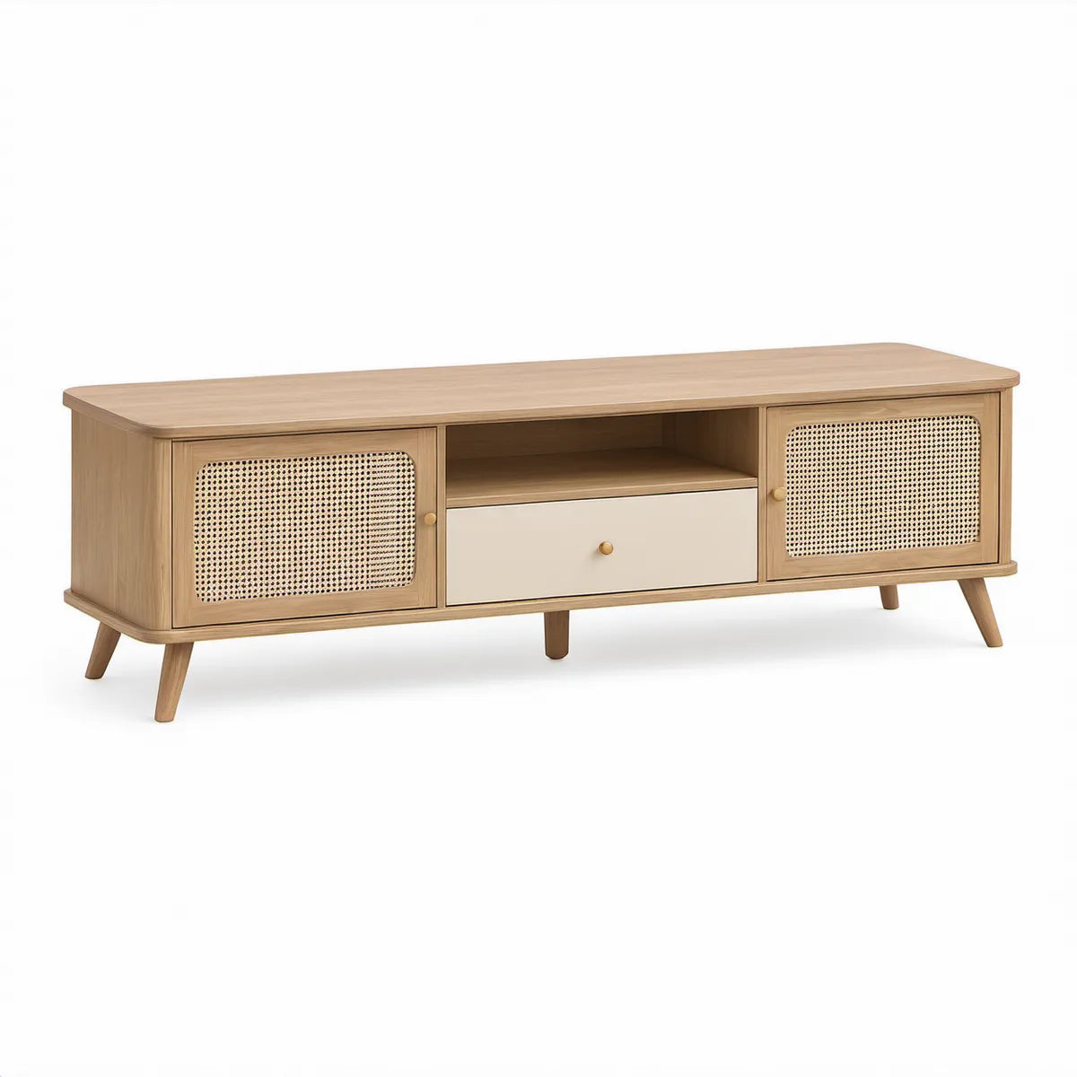 TV-Lowboard 160 x 40 x 55 cm aus MDF mit Eichenfurnier und Rattan in Natur/Beige/Cremeweiss