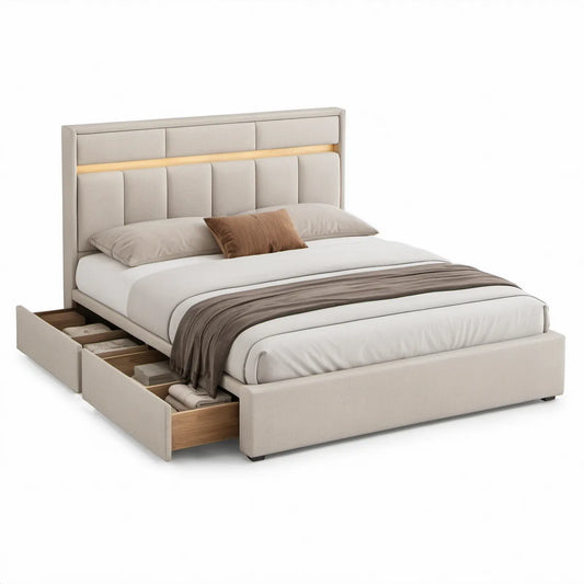 Gepolstertes Stauraumbett 160 x 200 cm mit 4 Schubladen, Beige