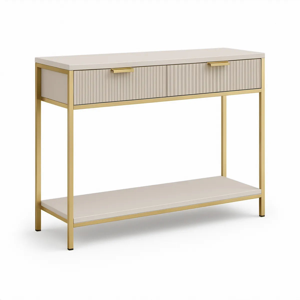 Konsolentisch mit 2 geriffelten Schubladen, 100 x 30 x 80 cm, Beige/Gold