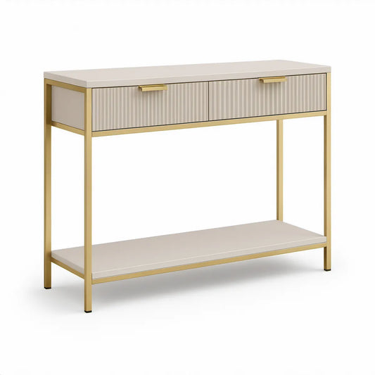 Konsolentisch mit 2 geriffelten Schubladen, 100 x 30 x 80 cm, Beige/Gold