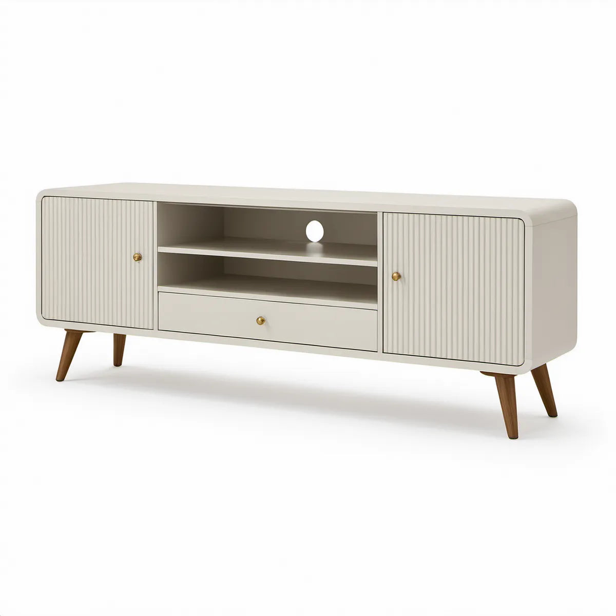 TV-Lowboard 160 x 40 x 60 cm aus MDF und Massivholz Cremeweiss/Walnussbraun/Goldfarben