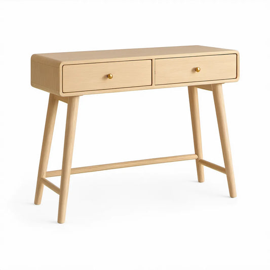 Konsolentisch aus massivem Gummibaumholz mit 2 Schubladen, 100 x 35 x 75 cm, Naturholz/Messingfarben