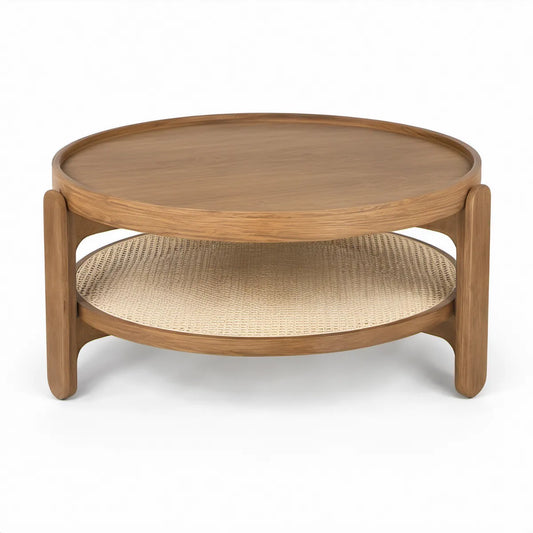 Runder Couchtisch aus massiver Eiche, Naturbraun/Beige, Ø 80 x 45 cm, mit Rattan-Ablage