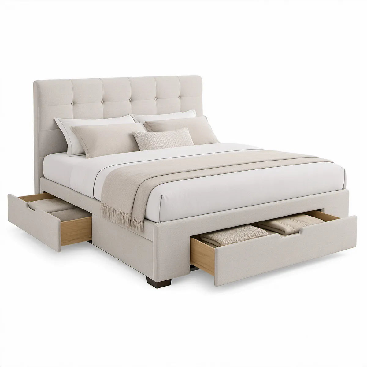 Stauraumbett 180 x 200 cm mit 4 Schubladen, Polyesterbezug Beige